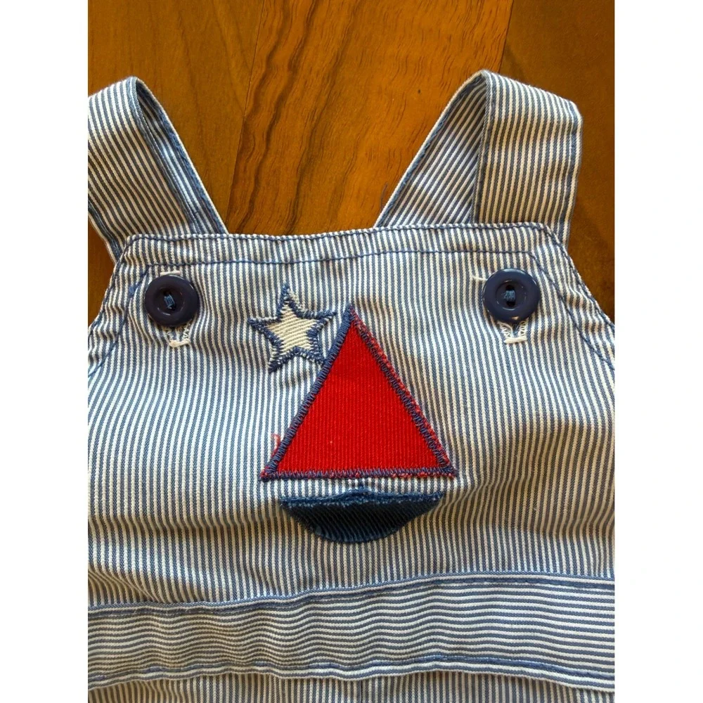 Vintage Health-tex Baby Boy Blue‎ White Pinstripe Sailboat Shortall Overalls 6M